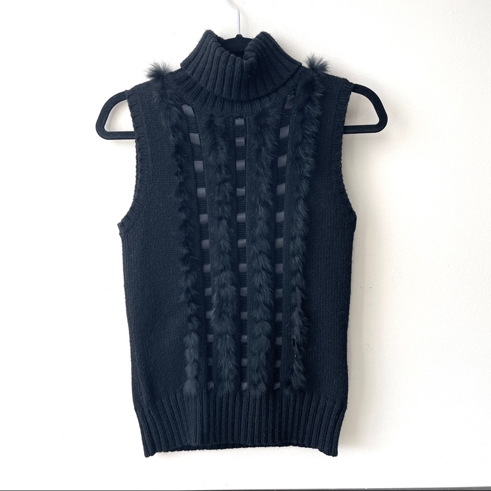Classy BCBG Black Lace Fur Turtle Neck Sweater Vest Shirt Top Sweater Small